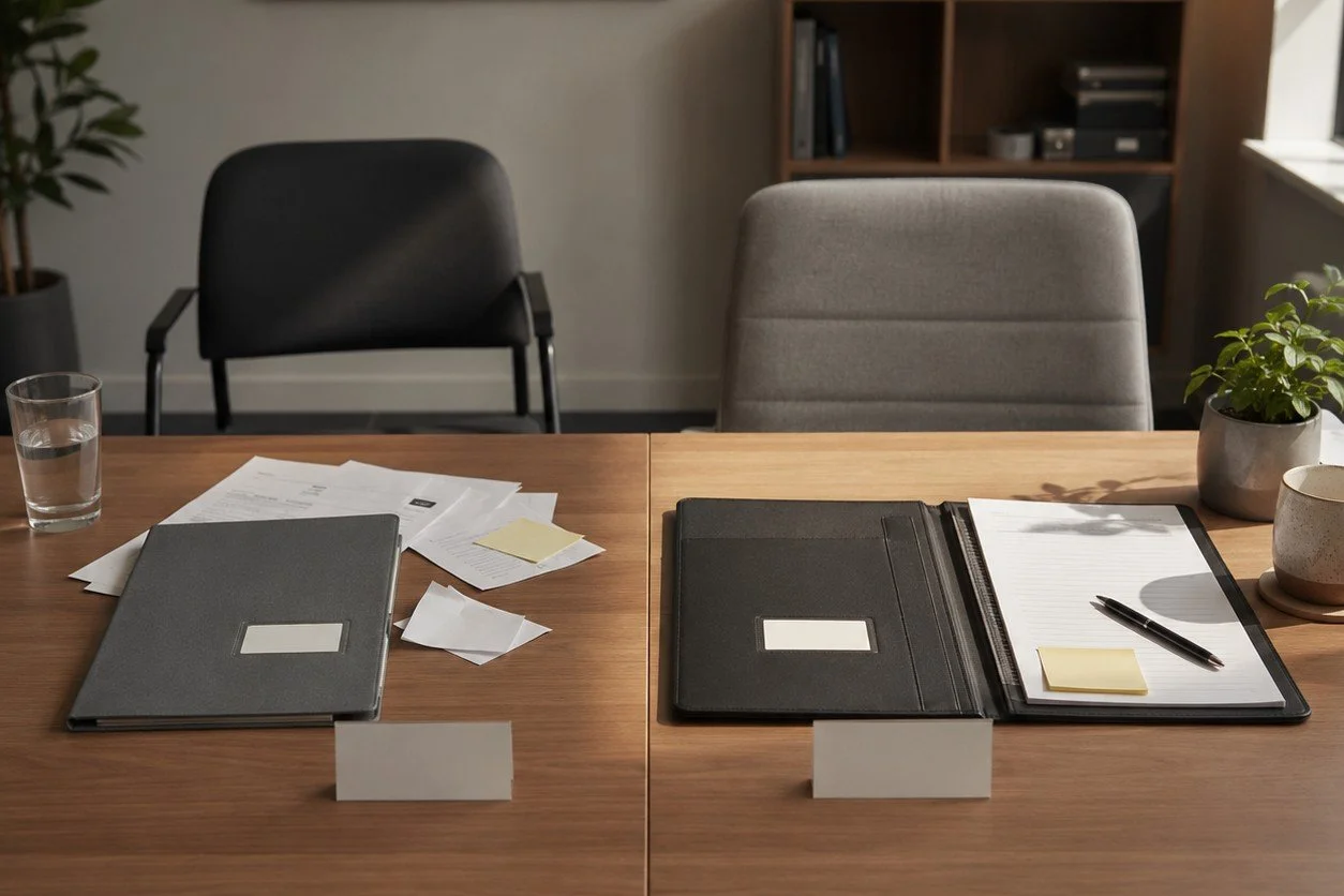 Two modern recruitment folders placed side by side on a desk, each with a small blank badge-style label on the cover.