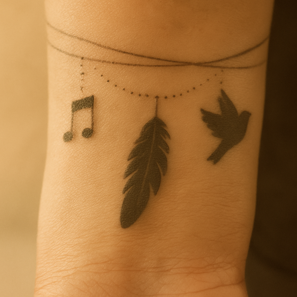 Photograph of a black ink tattoo on the upper wrist in warm vintage style with a subtle sepia overlay. The design forms a delicate bracelet with three symbols spaced around the wrist: a music note, a feather, and a bird in flight.