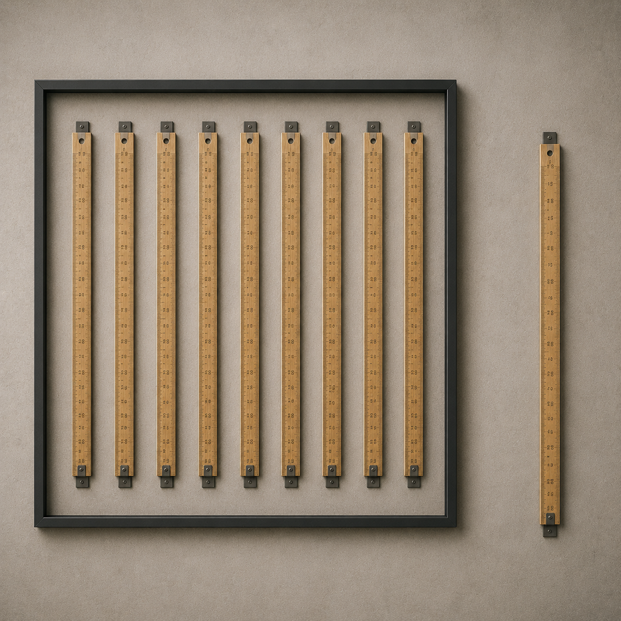 A display of identical measuring rulers is mounted neatly inside a large rectangular frame on a wall. One identical ruler stands outside the frame, separate from the others despite appearing exactly the same.