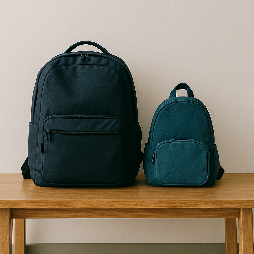 Symbolic photograph: Two backpacks, one large and one small, sit side by side on a wooden bench against a plain wall. Soft indoor lighting highlights the contrast in size. No people are shown.