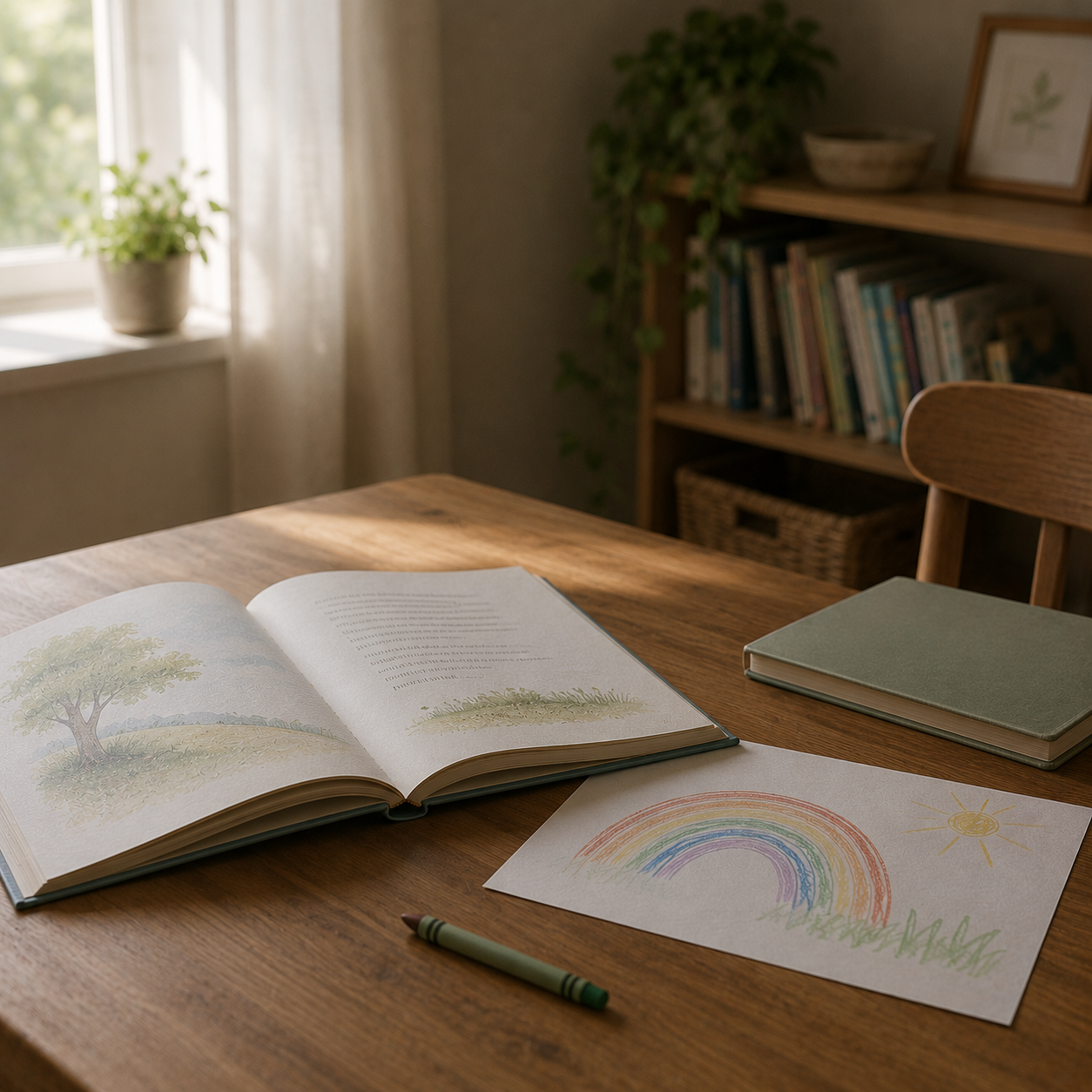 An open children’s storybook rests on a wooden table beside a child’s drawing and a single crayon. Soft natural daylight fills the room, with a bookshelf and chair in the background, creating a calm atmosphere of everyday family life.
