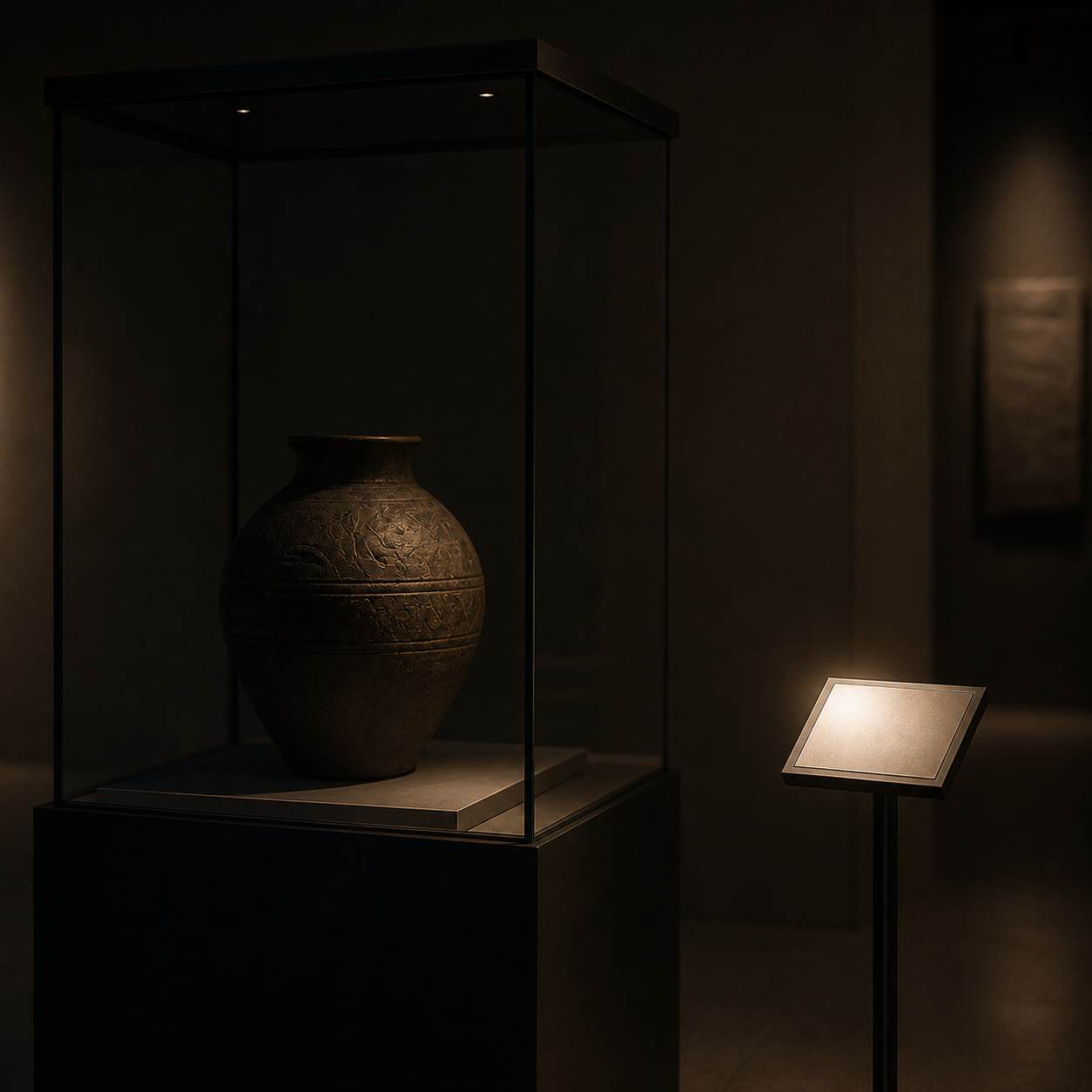 A museum display case contains a valuable artefact resting in soft shadow. Beside it, a small information plaque is illuminated by a bright spotlight, drawing more attention than the object itself.
