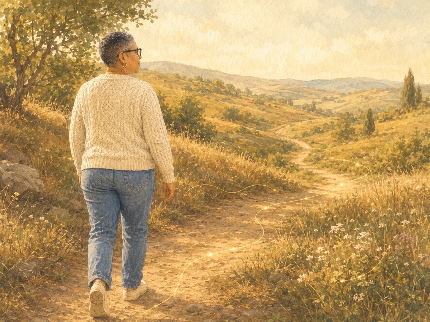 Watercolour-style illustration of a woman with short curly hair and glasses walking along a sunlit countryside path through rolling hills. A glowing golden thread winds beside and ahead of her, symbolising the unfolding journey and the connections di