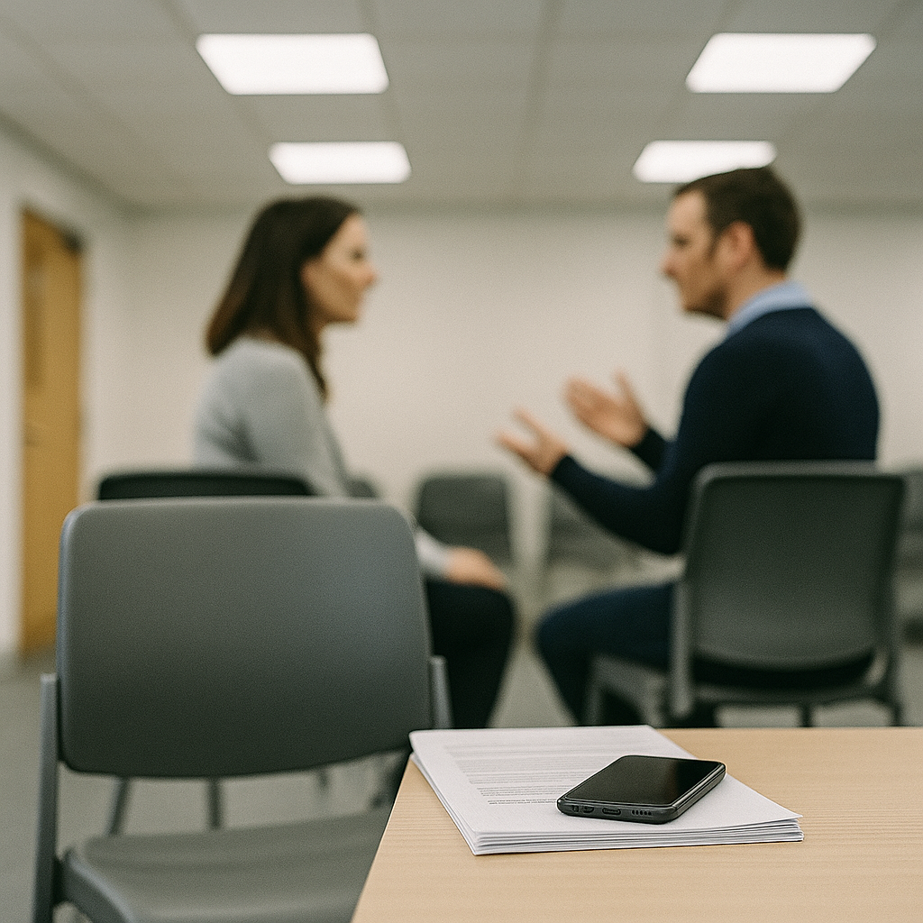 Symbolic photograph: A smartphone and a stack of documents sit on a desk in the foreground. In the blurred background, two adults are seated and facing each other, gesturing as they talk. The room is softly lit.