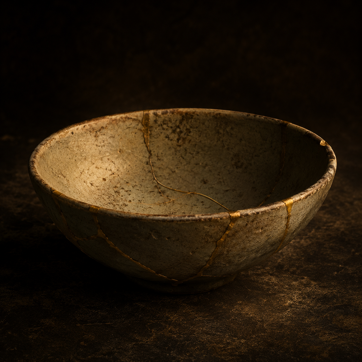 A cracked, weathered bowl repaired with glowing gold lines sits against a dark background, evoking damage, survival and the visible traces of healing.