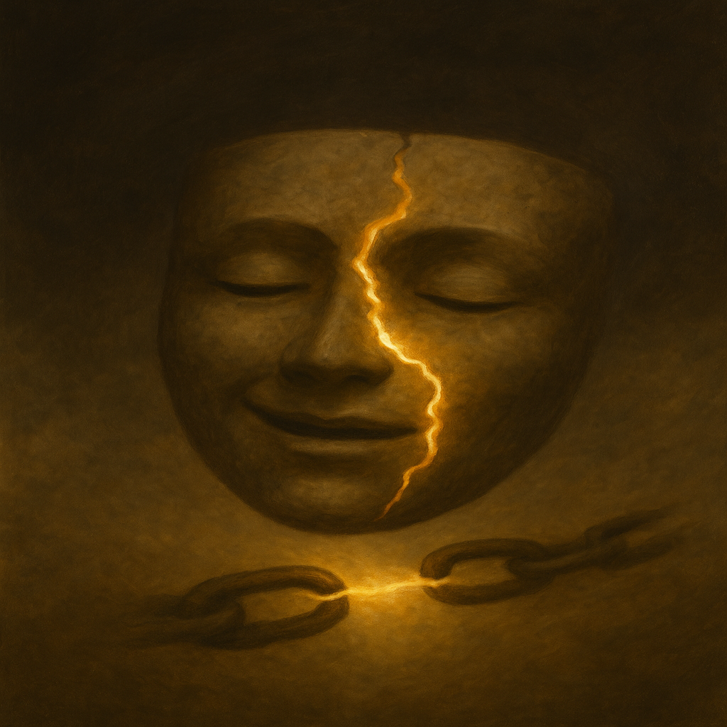 Sepia illustration of a calm face split by a glowing crack, with a broken chain below, symbolising control, psychological harm, and internal fracture.