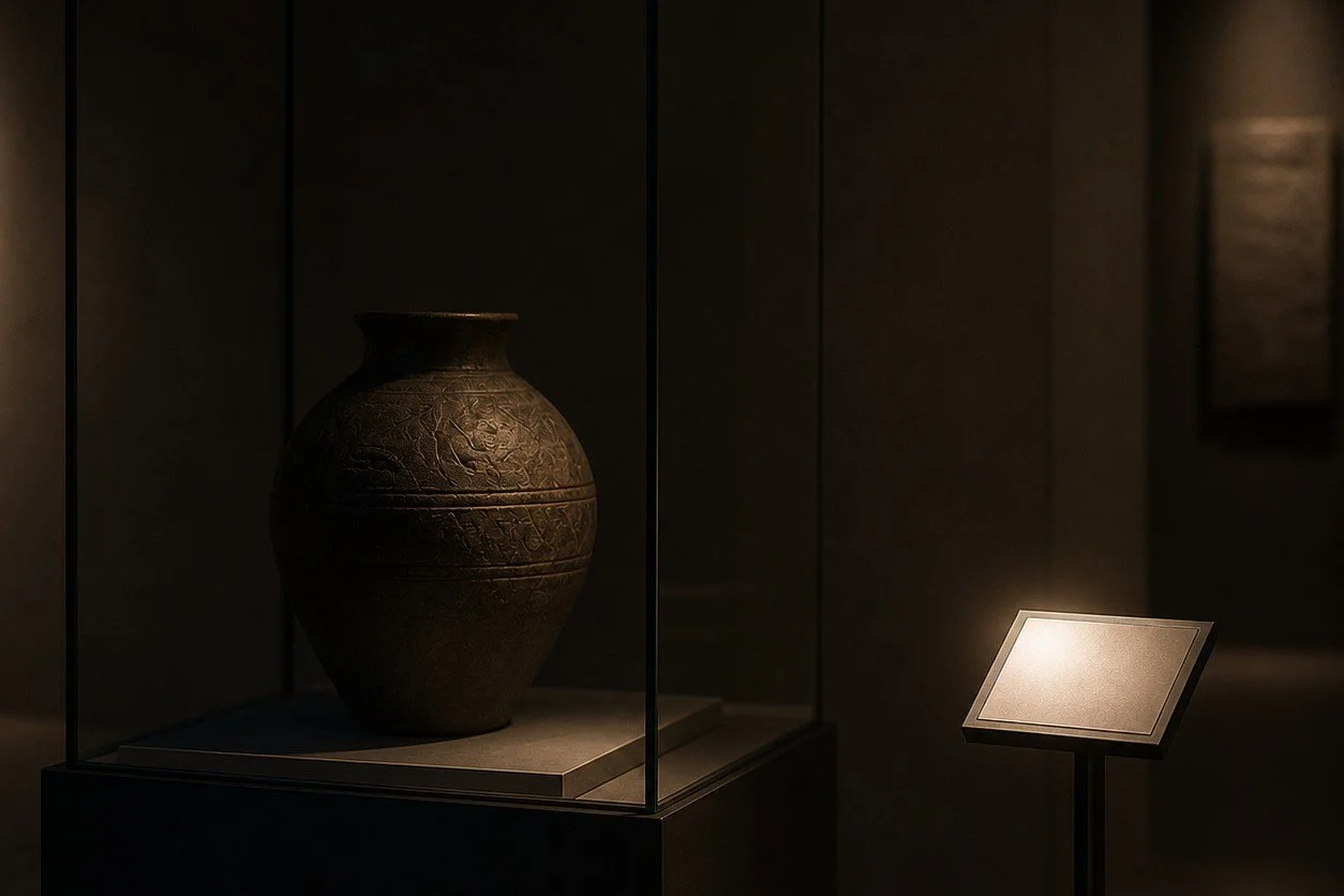 A museum display case containing an artefact resting in soft shadow. Beside it, a small information plaque is illuminated by a bright spotlight, while the artefact remains less prominently lit.