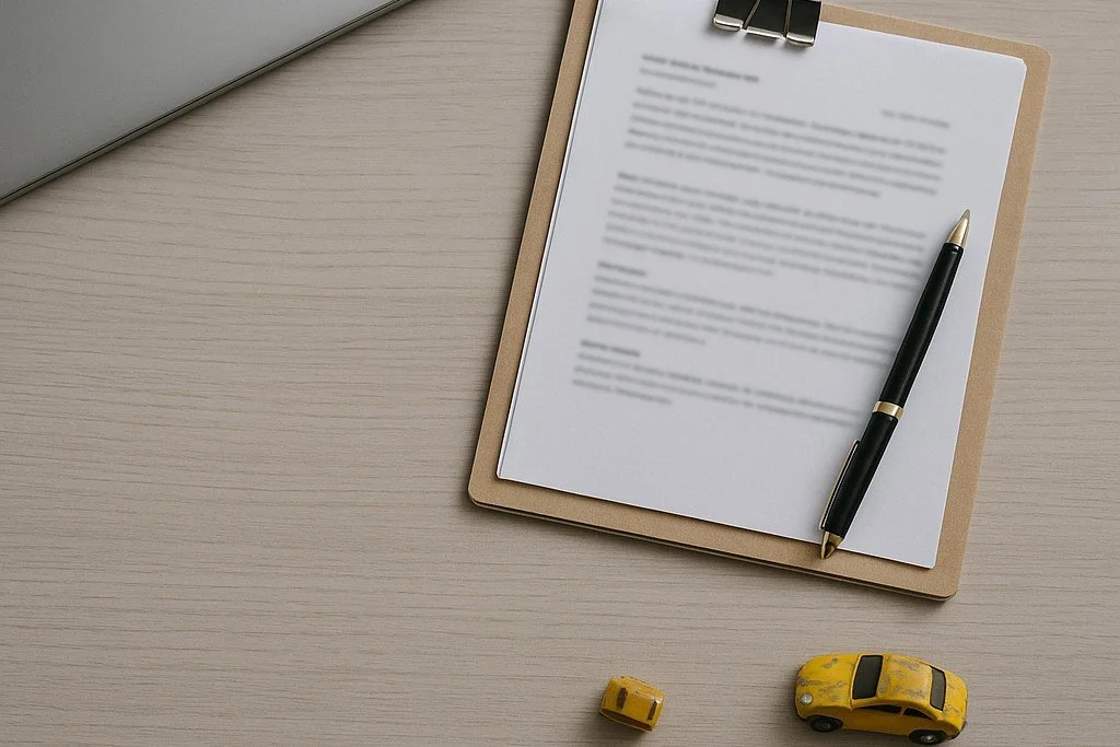 A clipboard holding blurred paperwork rests on a pale wooden desk, with a black-and-gold pen placed diagonally across the page. Part of a closed silver laptop is visible at the upper left, and two small yellow toy vehicles sit below the clipboard.