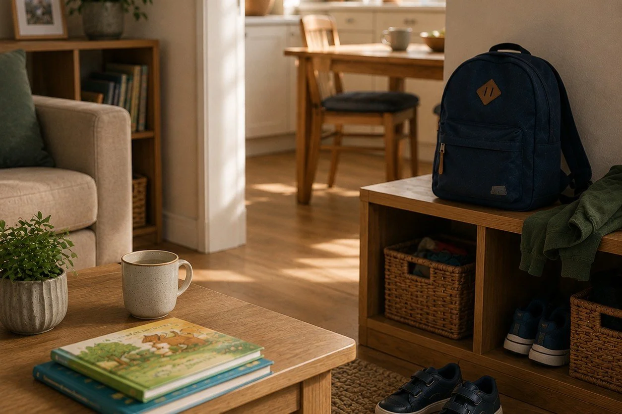 A navy-blue children's backpack rests on a wooden storage bench beside a green jacket. Children's shoes are arranged on the floor nearby.