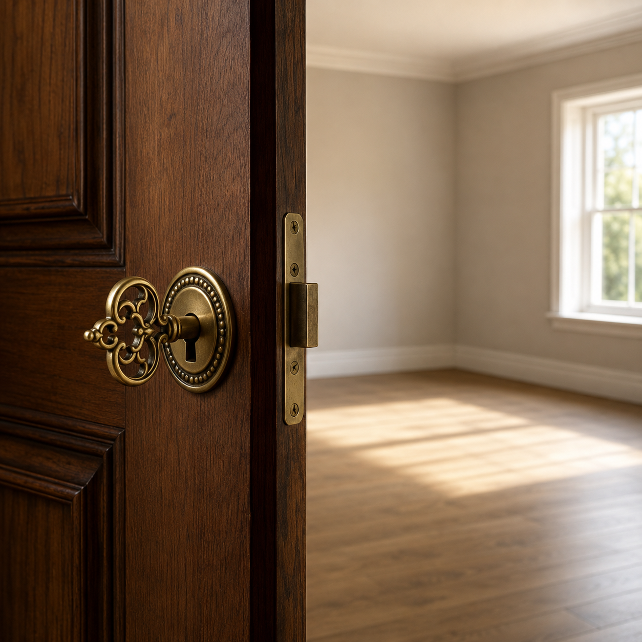 A beautifully crafted key is inserted into the lock of a wooden door. The door stands slightly open, revealing an empty room beyond with no furniture, workspace, or place to gather.