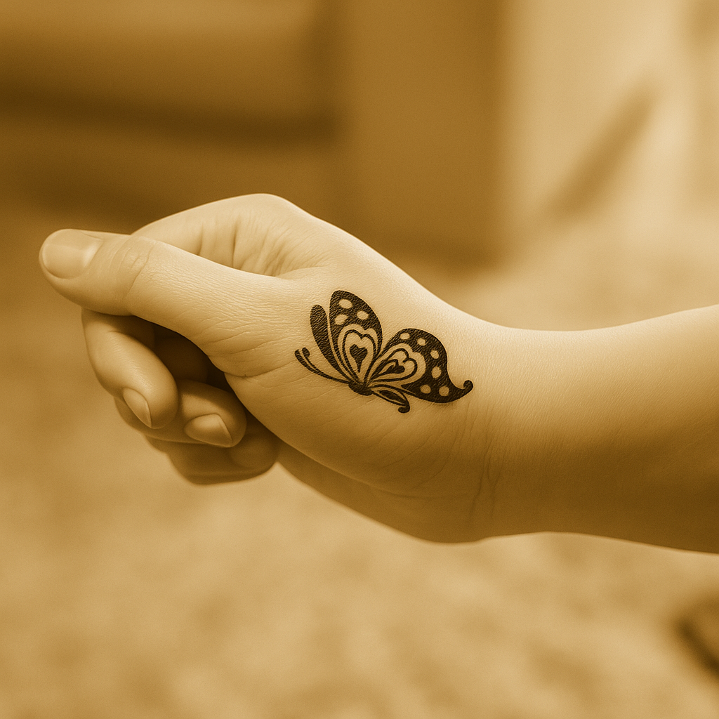 Photograph of a black ink tattoo on the upper wrist near the thumb in warm vintage style with a subtle sepia overlay. The design is a butterfly with bold outlines, dotted details, and heart-shaped patterns in the wings.