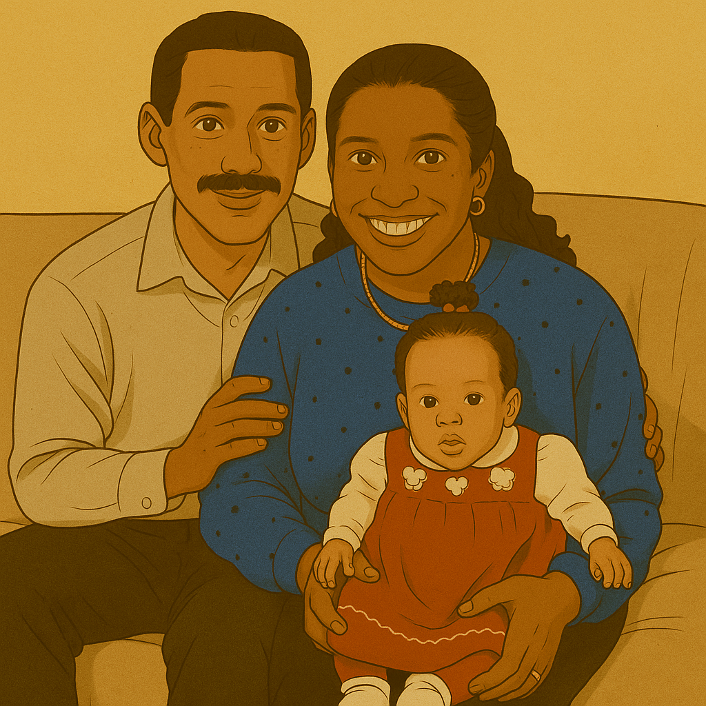 Cartoon-style personal anchor illustration of a young family sitting together on a sofa: a father in a light shirt, a mother in a royal-blue top, and a baby in a red dress on her lap.