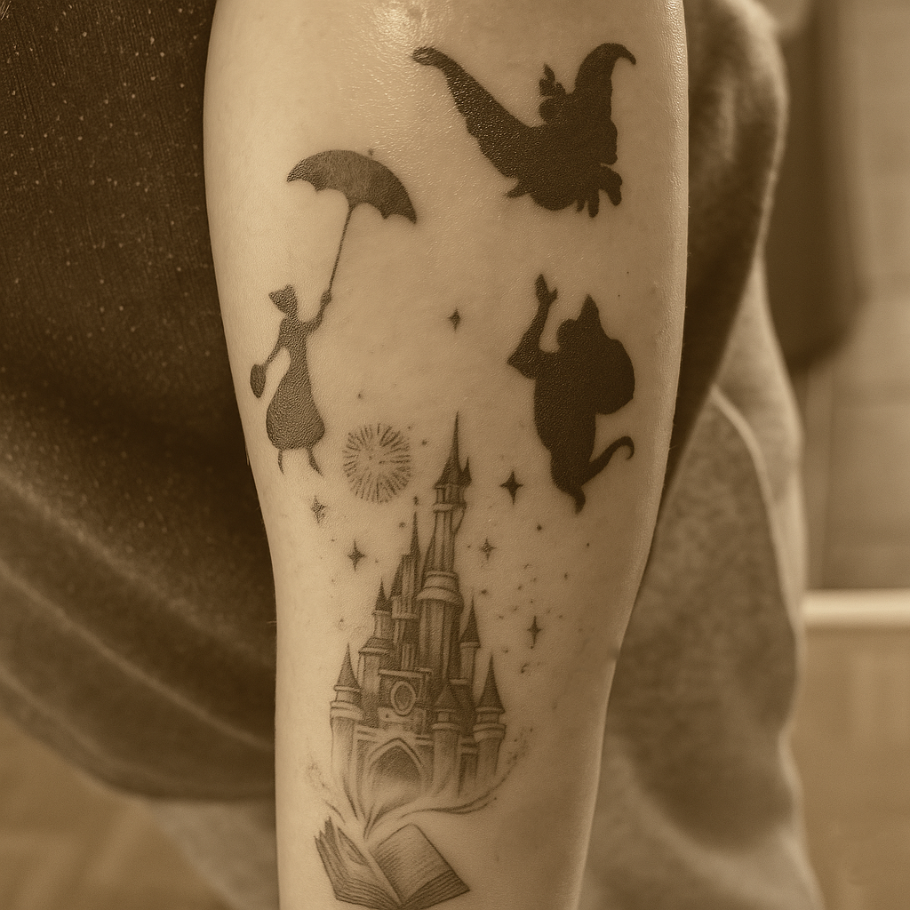 Photograph of a black ink tattoo showing Disney-style flying characters surrounded by sparkles. The photo is softly lit with a warm sepia overlay.