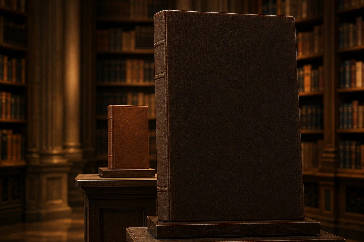 A grand library filled with towering bookshelves and warm lighting. At the centre, a small book stands on a pedestal while a much larger book sits in front of it, partially blocking the smaller book from view.