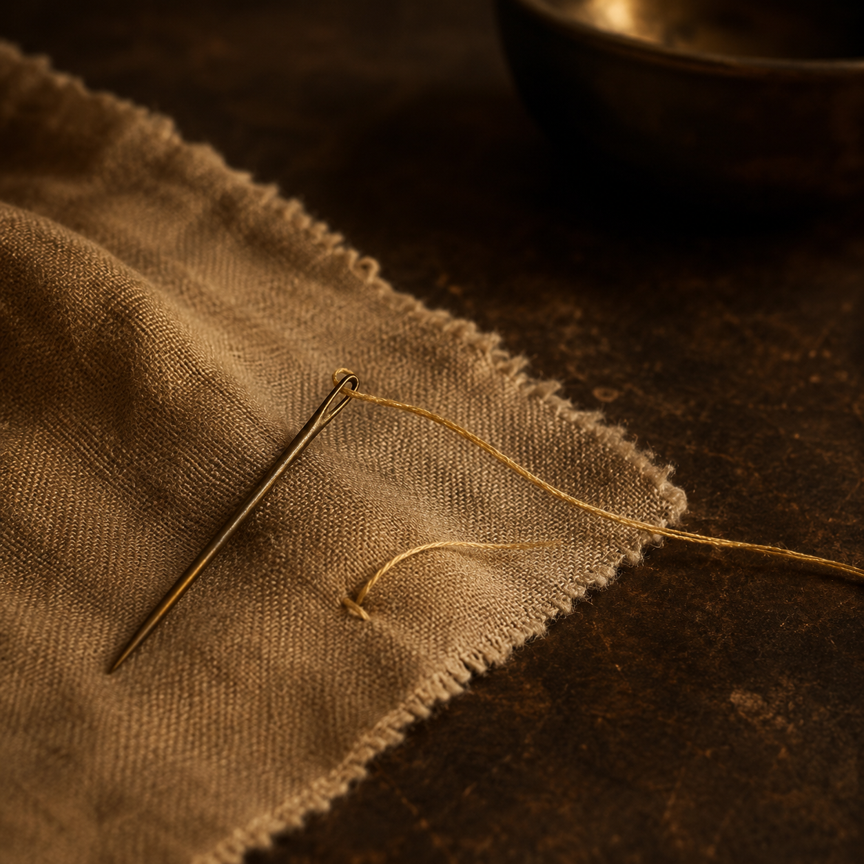 A needle threaded with golden thread rests on a piece of frayed fabric, suggesting repair, reflection and the ongoing work of bringing separate threads together.