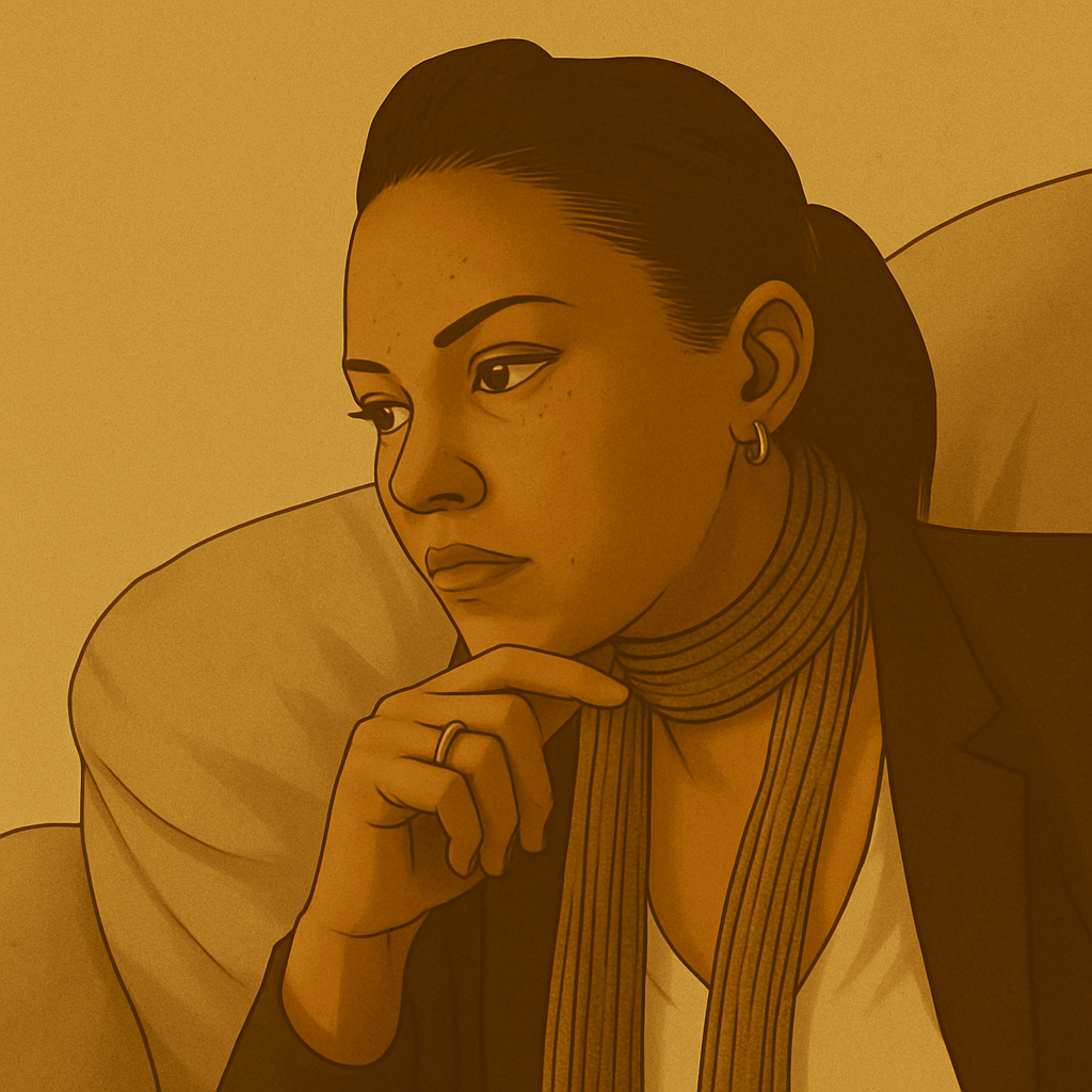 Cartoon-style personal anchor illustration of a woman sitting on a sofa, gazing thoughtfully to the side with her hand near her chin. She wears a scarf and blazer, softly lit in warm beige and taupe tones with a fine paper texture.