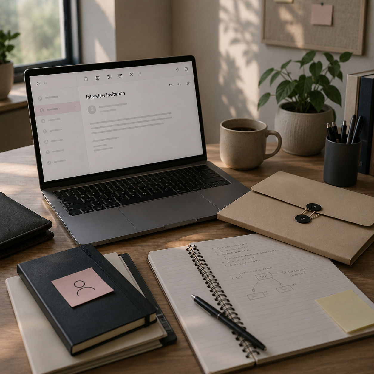 A softly lit home office desk prepared for an interview. An open laptop displays an interview invitation email, surrounded by a notebook, pen, closed folder, books, a coffee mug, and potted plants.