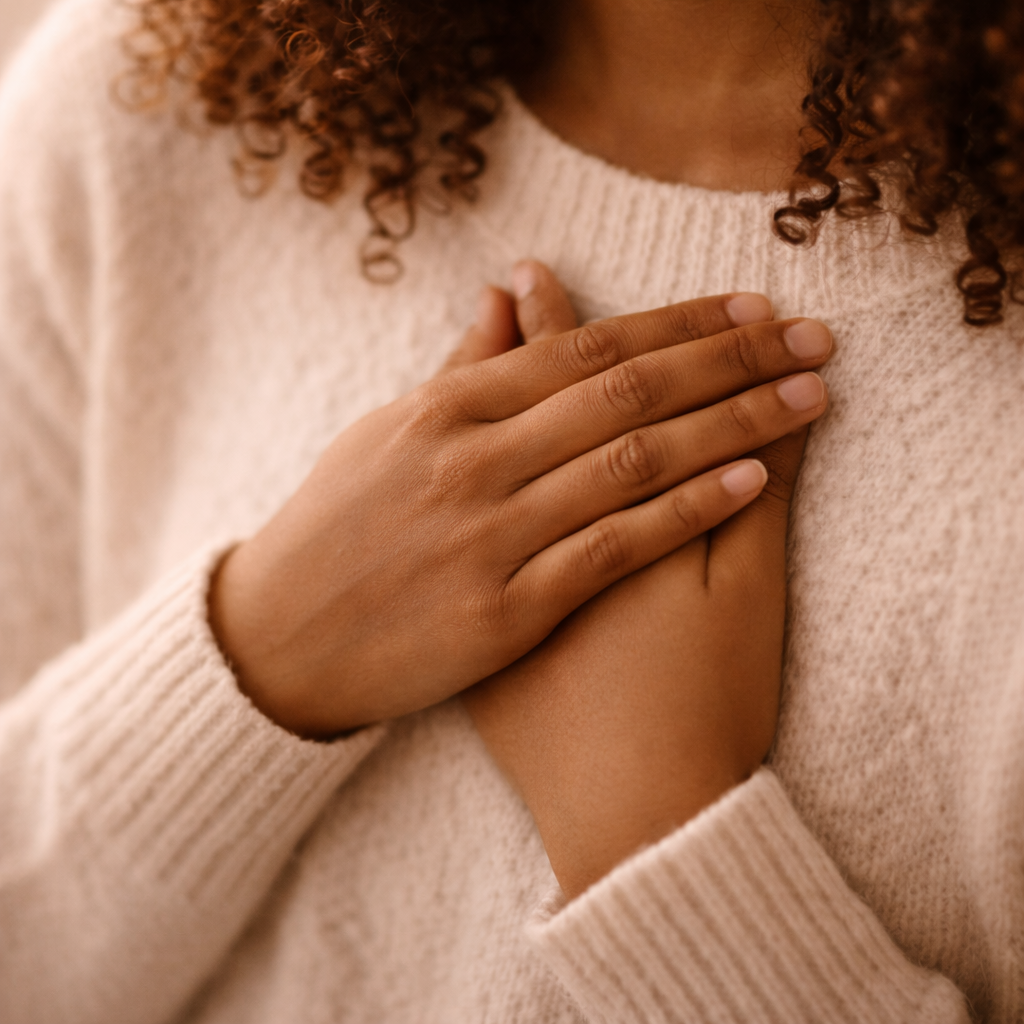 Photograph of a brown-skinned person with both hands gently placed over their chest, wearing a soft cream jumper. The pose conveys grounding, reassurance, and reconnection with the body.