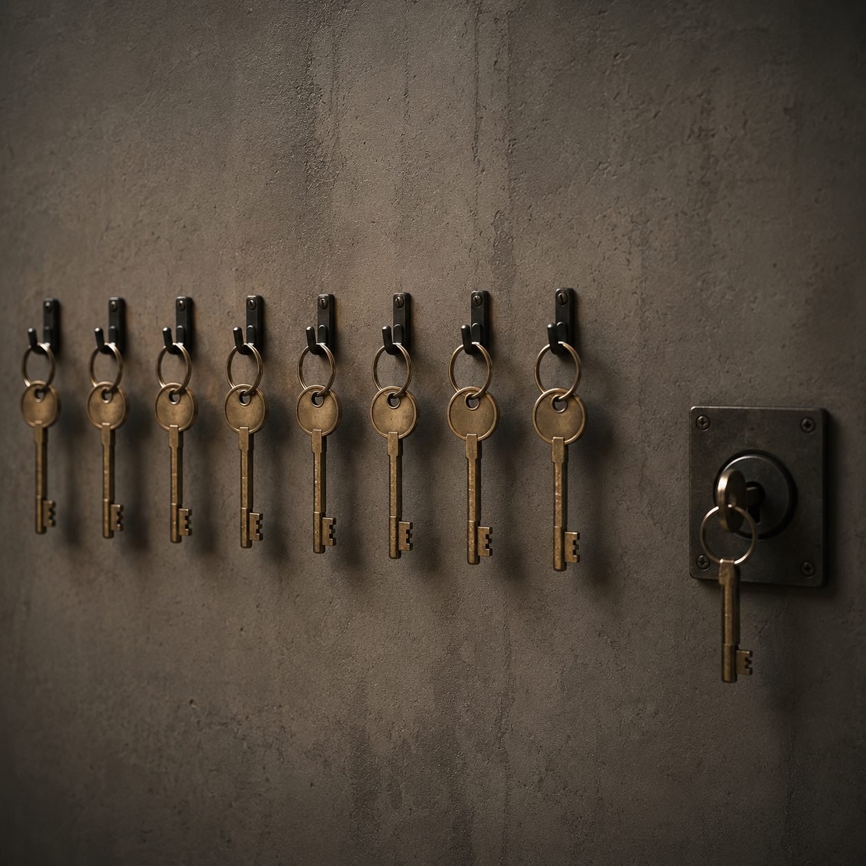 A row of identical keys hangs neatly on hooks along a wall. Nearby, one matching key has already been removed and inserted into a lock, while the remaining keys remain available.