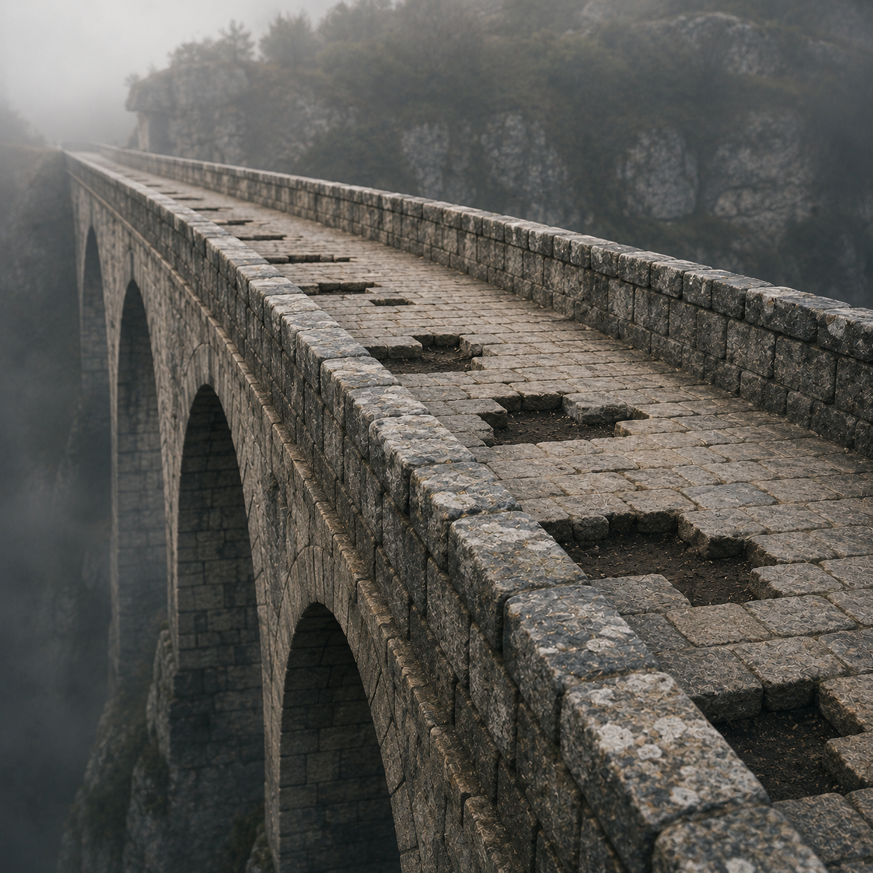 A stone bridge stretches across a deep gorge, appearing intact from a distance. Along its surface, several stones are missing in a gradual pattern, creating visible gaps while the structure remains standing.