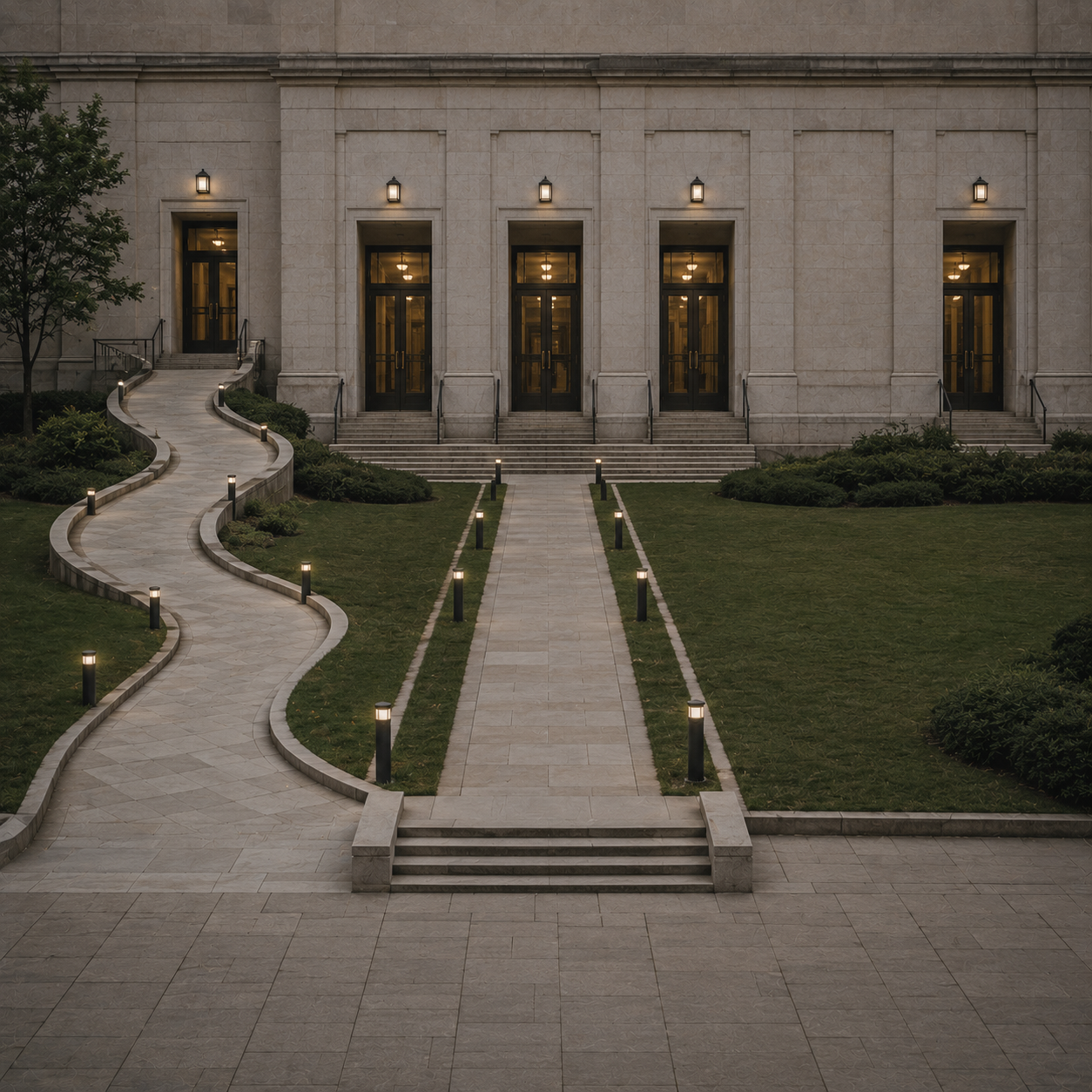 A large institutional building features several identical entrances leading into the same interior space. Most entrances are reached by direct pathways, while one entrance requires a noticeably longer, winding route.