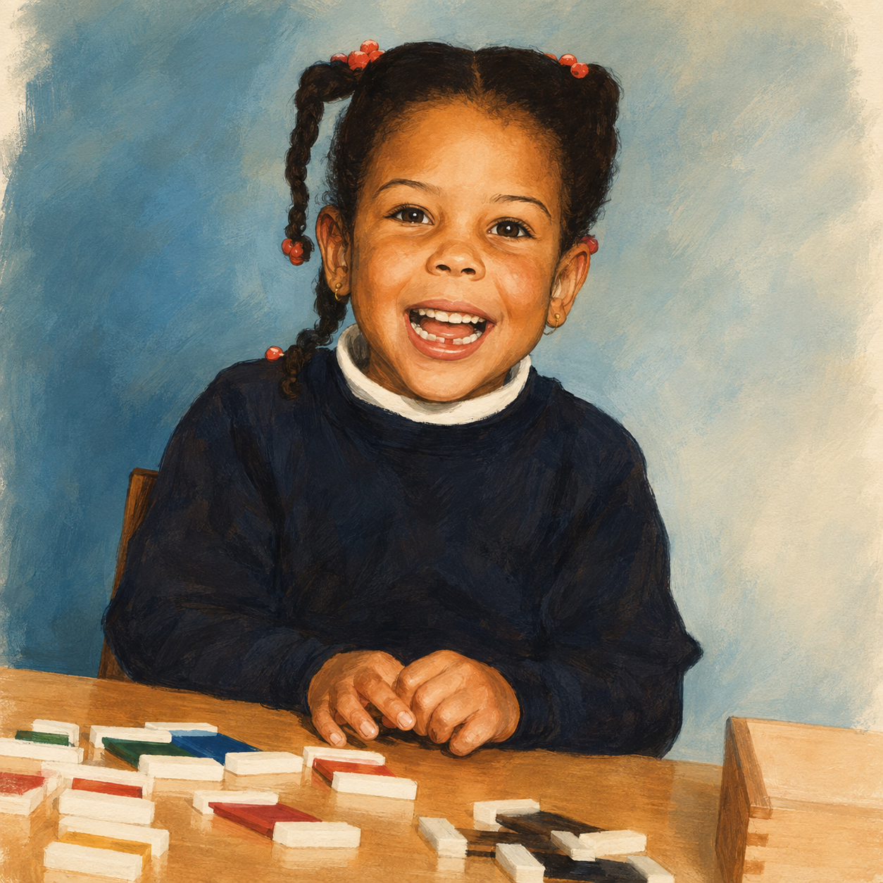 Warm illustrated interpretation of a smiling young child seated at a wooden table with colourful learning tiles. The child wears a dark jumper over a light collar, with braided hair decorated with red beads, against a softly textured blue background.