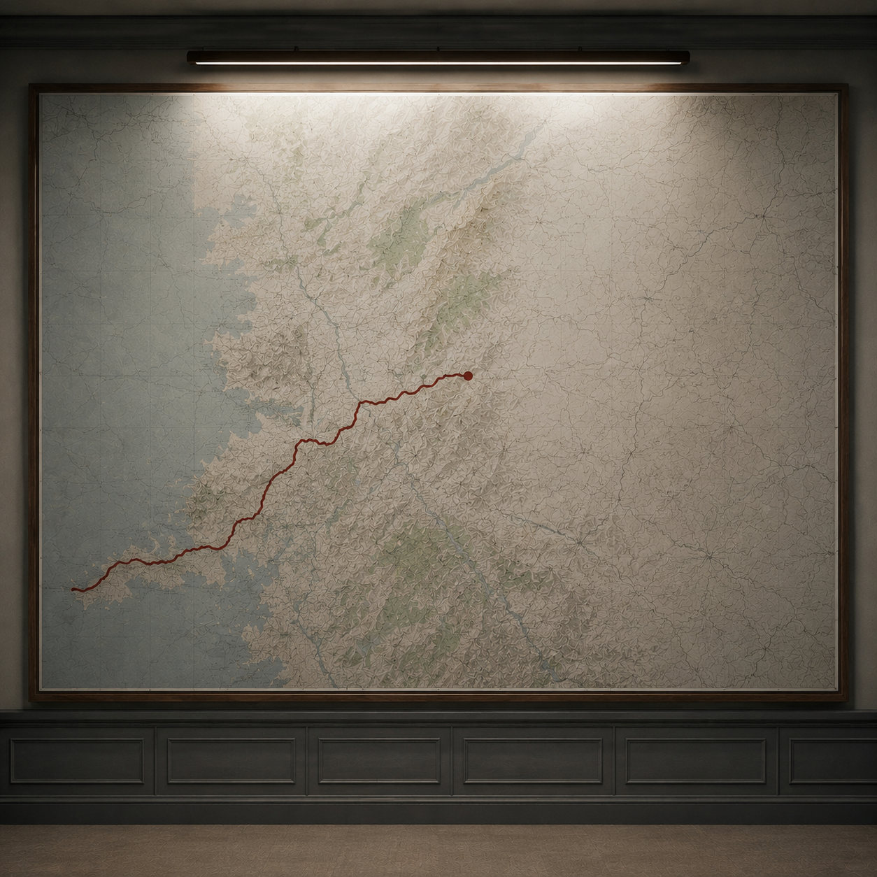 A large framed wall map displays a clearly marked route running across part of its surface. The route abruptly ends midway through the map, while the landscape and pathways continue beyond it.