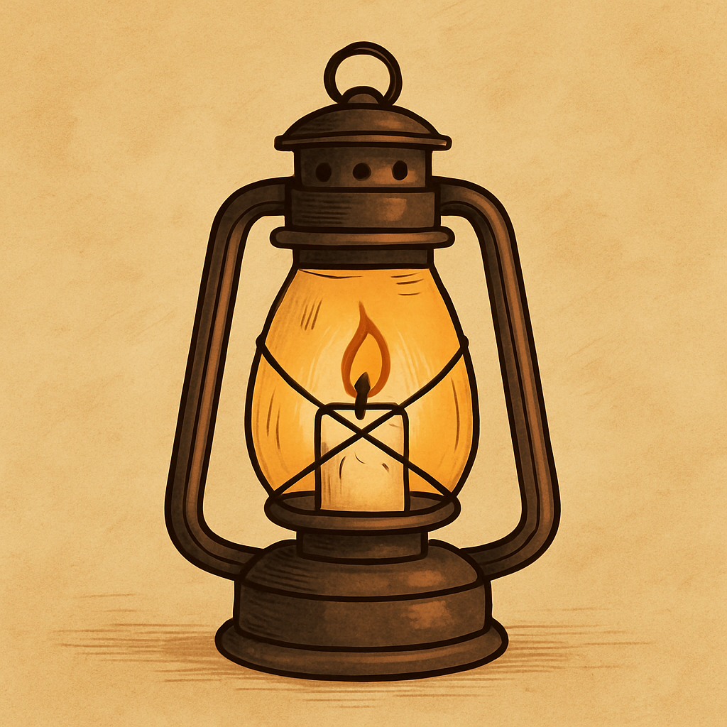 Cartoon-style personal anchor illustration of a rustic metal lantern with a glowing candle inside, drawn in warm golden and brown tones on a textured beige background.