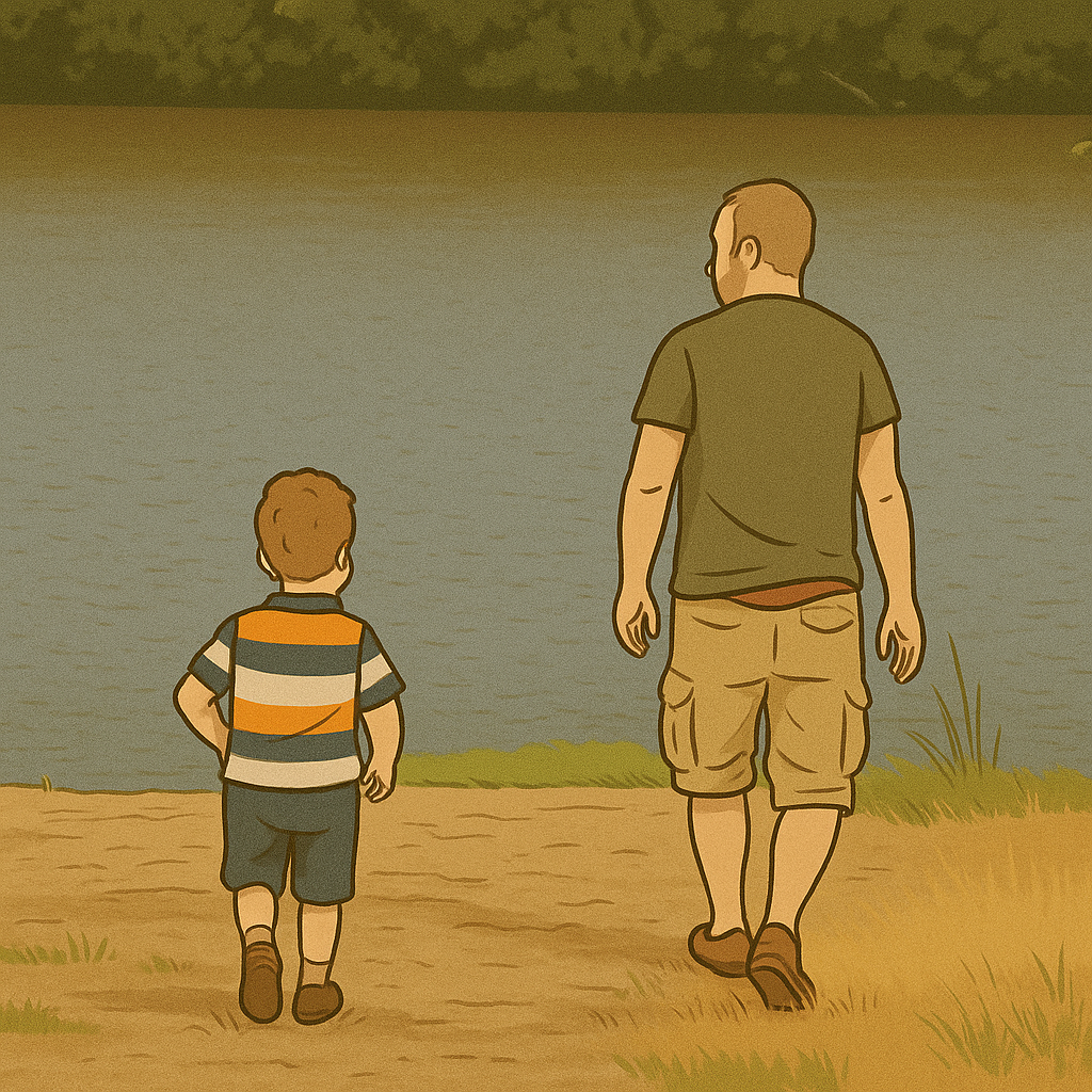Cartoon-style personal anchor illustration of a father and young son walking together beside a calm blue lake on a sunny day. The father wears a dark t-shirt and beige shorts, while the son wears a striped shirt with blue shorts.