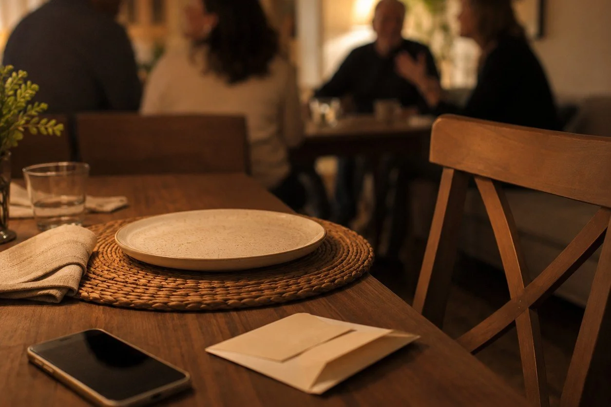 A warm family dining room with an empty place setting, phone and small note in the foreground. In the background, blurred family members sit together in conversation.