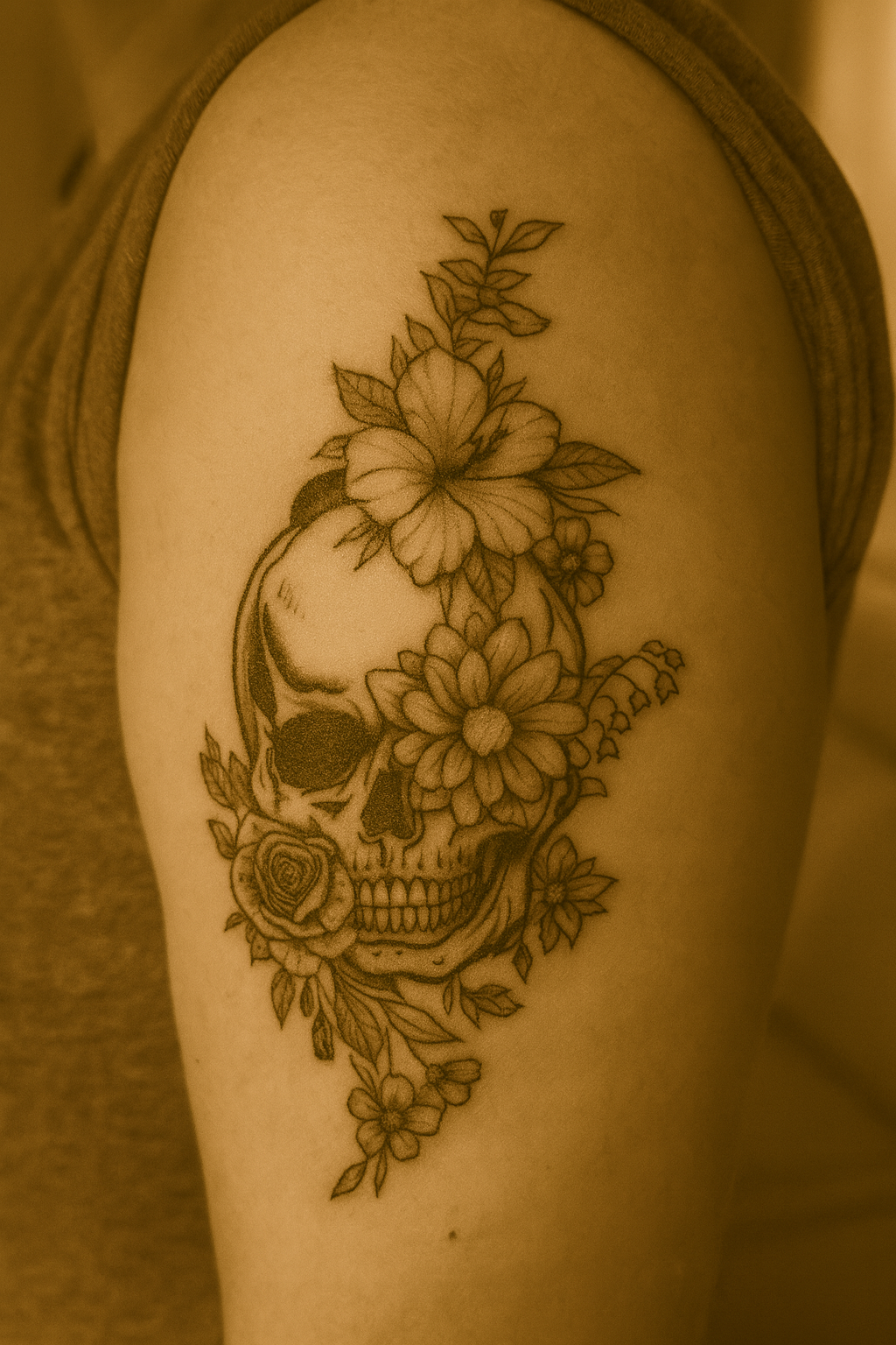 Photograph of a black ink tattoo on the upper arm in warm vintage style with a subtle sepia overlay. The design features a skull surrounded and interwoven with detailed flowers and leaves, blending themes of life and mortality.