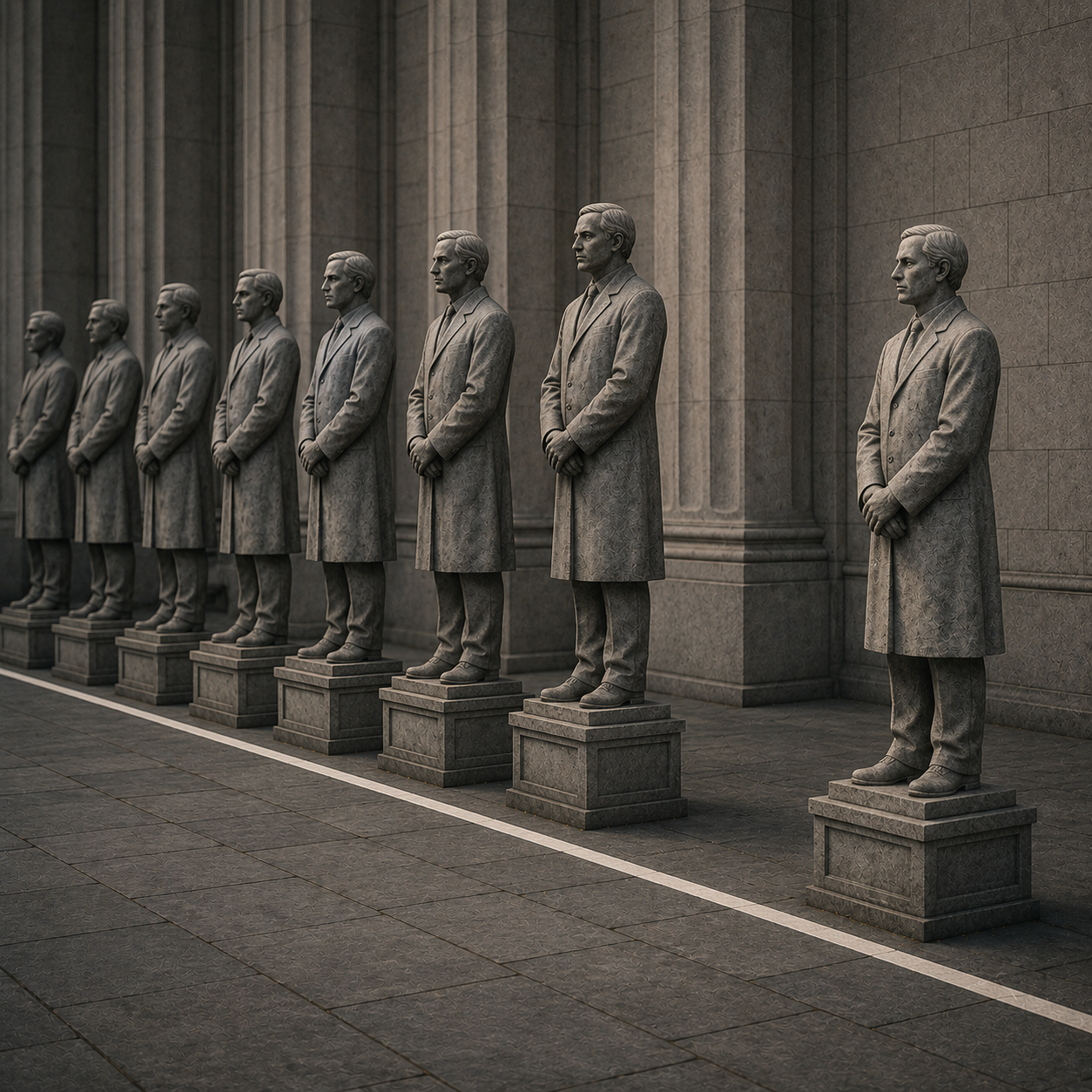 A row of identical stone statues stands on matching pedestals outside a large institutional building. A thin line runs along the ground in front of them.