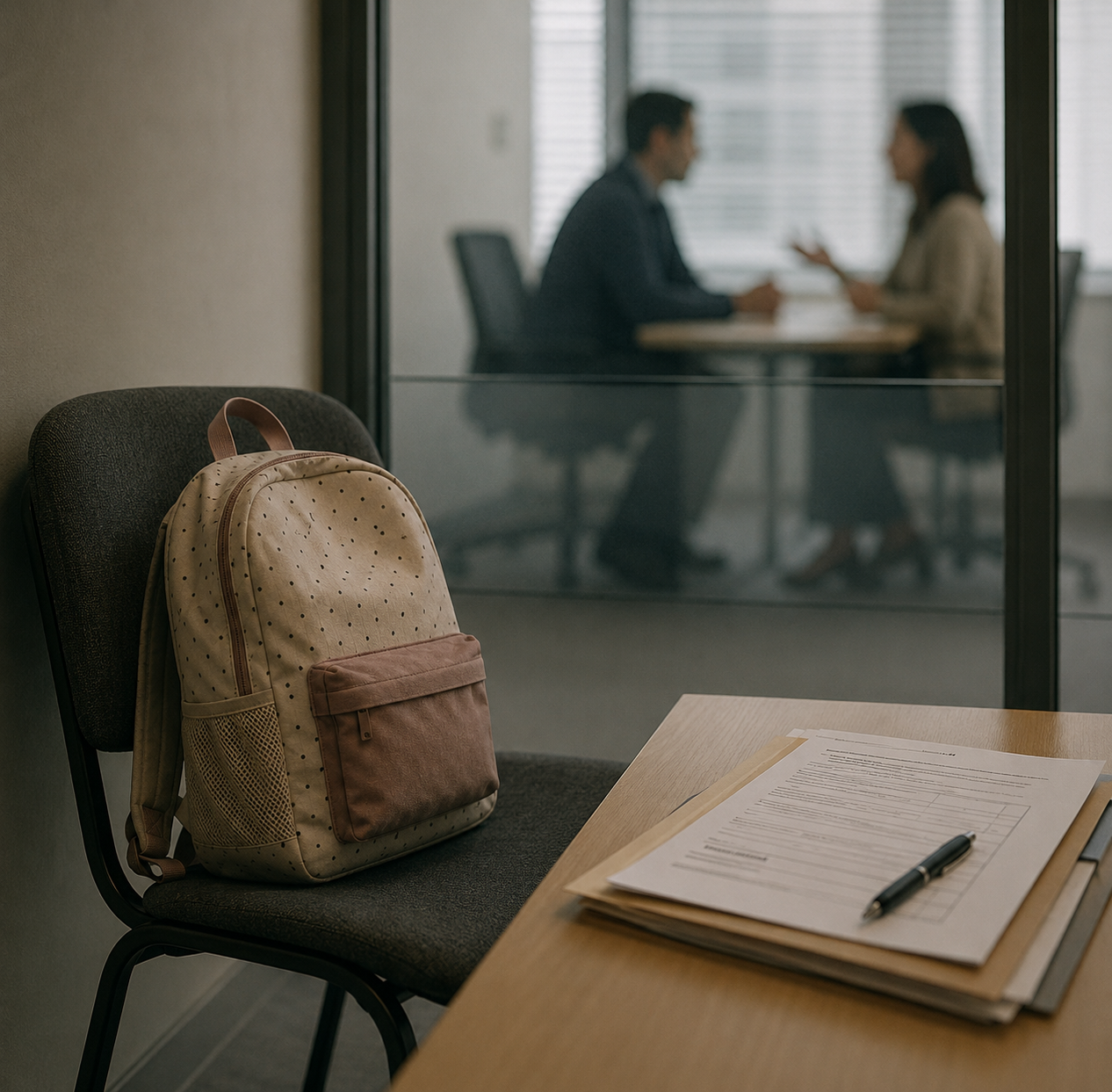 A child’s backpack rests on a chair beside a table holding paperwork and a pen. Beyond a glass partition, two adults sit in conversation, blurred and out of focus. Soft natural light creates a quiet, reflective atmosphere.