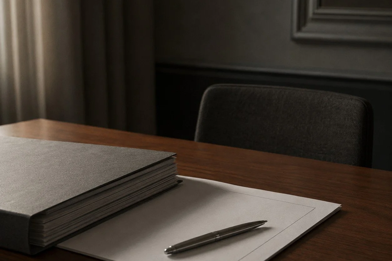 A quiet meeting room table with a blank document and pen placed in front of an empty chair. A thick closed folder partly covers the paper, suggesting that agreement is expected while full information, choice or power remains withheld.