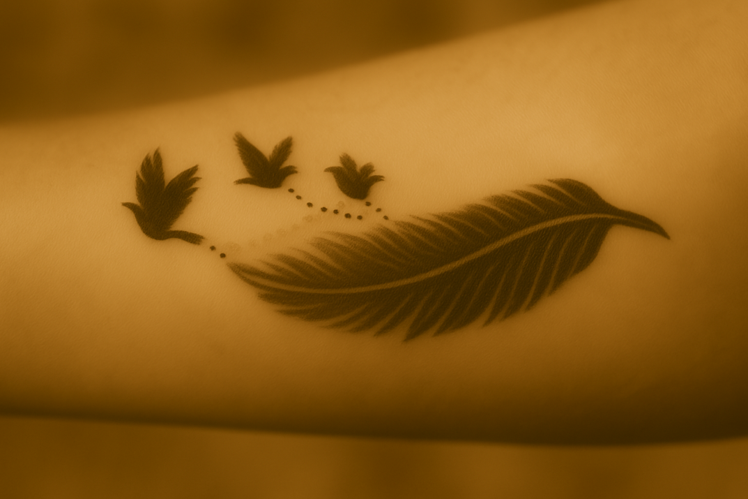 Photograph of a black ink tattoo on the inner forearm in warm vintage style with a subtle sepia overlay. The design shows a feather releasing three birds in flight, all facing toward the wrist.