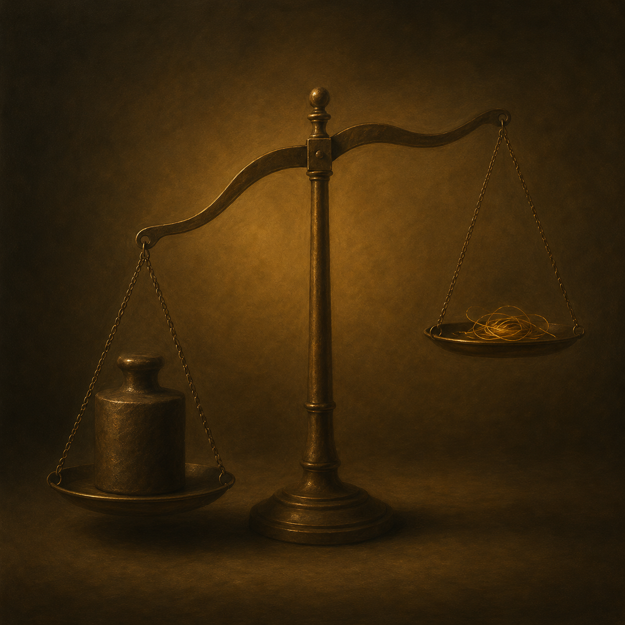 An old-fashioned balance scale is heavily tilted, with a large dark weight on the lower side and a small tangle of golden thread on the raised side, symbolising unequal power and imbalance.