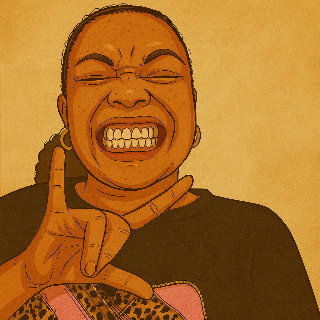 Cartoon-style personal anchor illustration of a woman smiling widely and signing “I love you” with her hand.