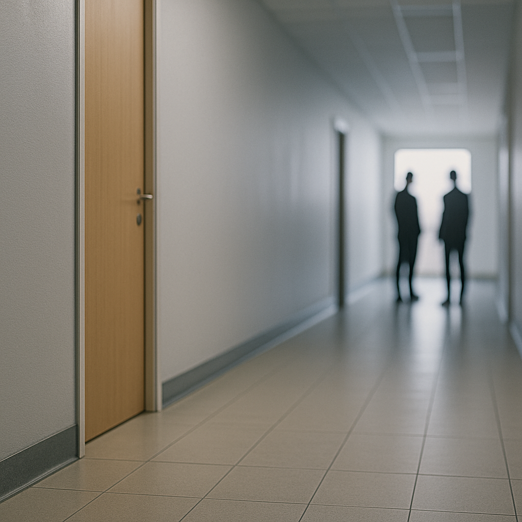 Symbolic photograph: A long hallway leads toward a bright window where two blurred figures stand in conversation. A closed wooden door is visible on the left wall. The lighting is soft and neutral.
