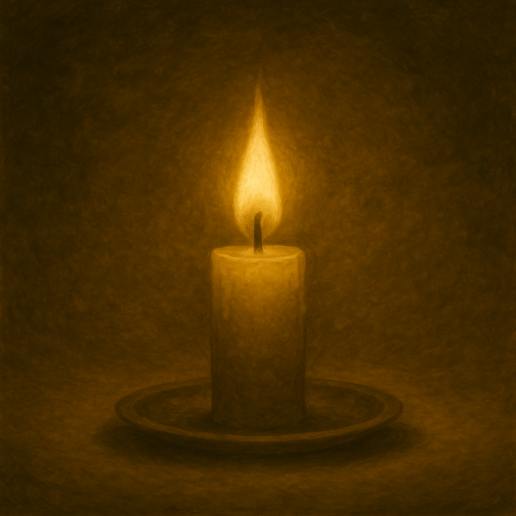 Sepia illustration of a single candle flame glowing in darkness, symbolising reflection, resilience, and quiet hope.