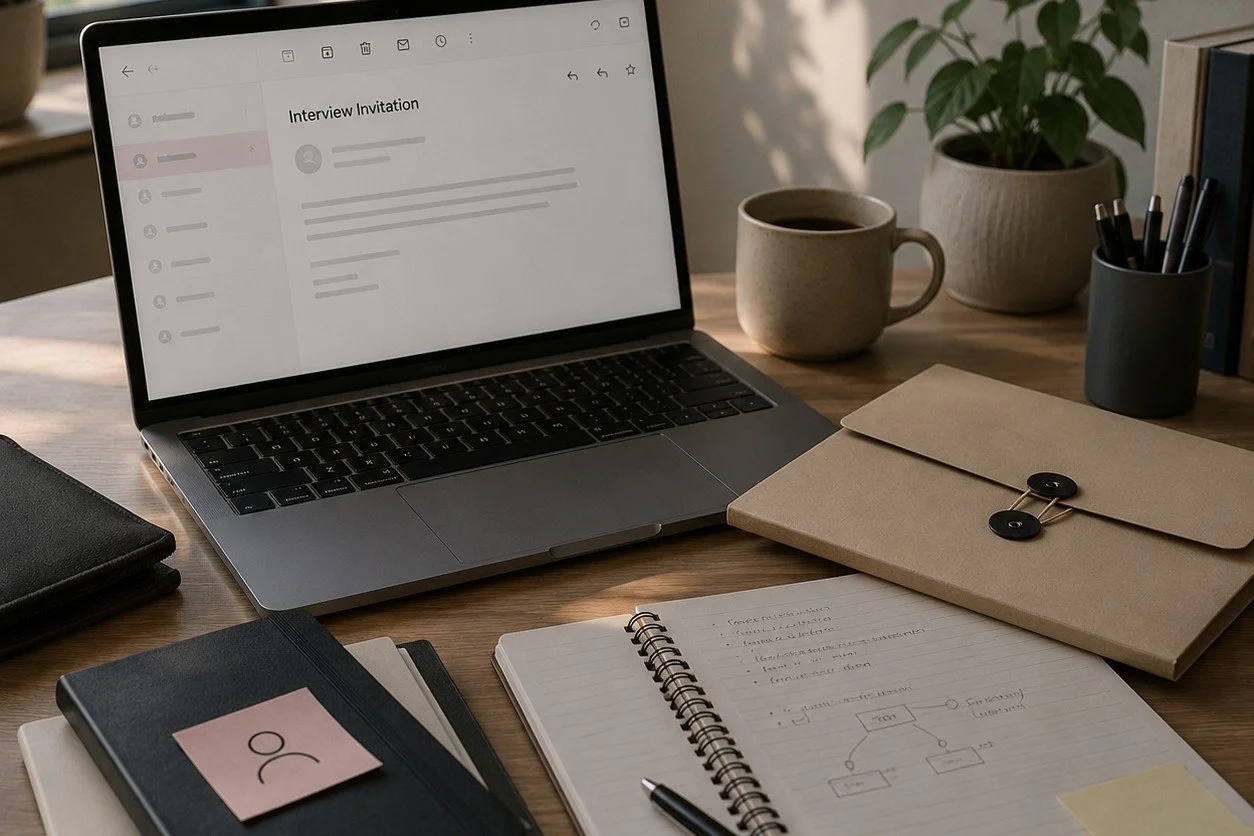 A softly lit home office desk prepared for an interview. An open laptop displays an interview invitation email, surrounded by a notebook, pen, closed folder, books, a coffee mug and potted plants.