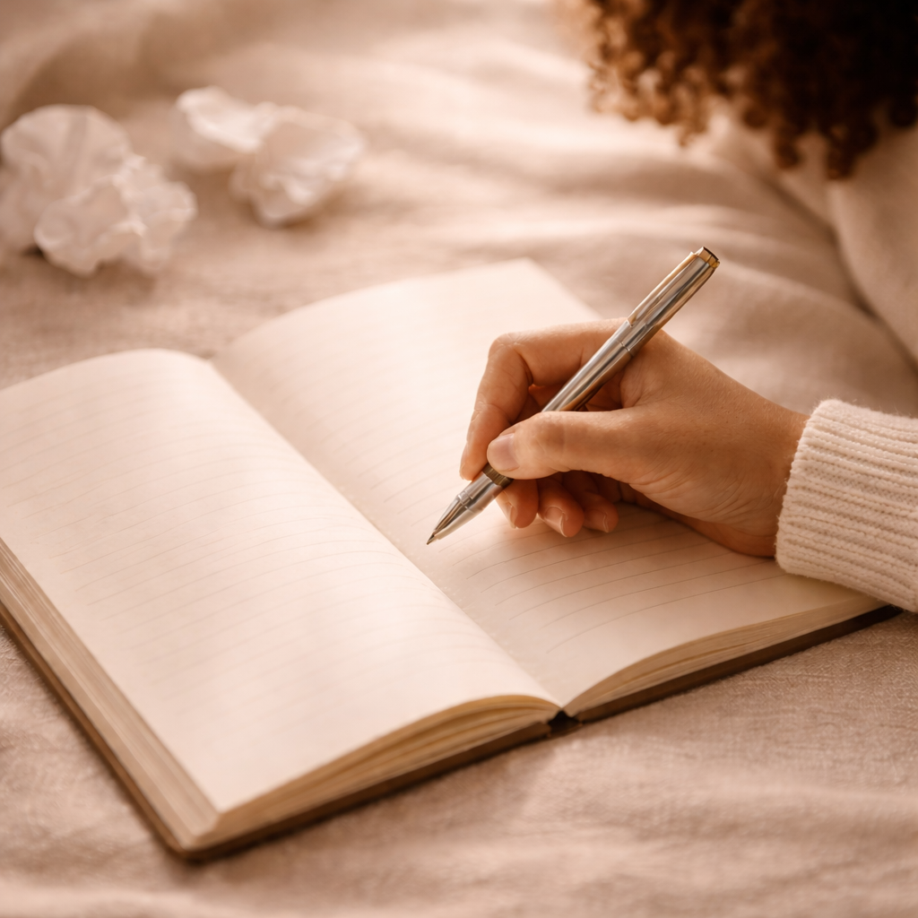 Photograph of a single brown-skinned hand holding a pen above an open lined notebook resting on a soft beige surface. Warm natural light creates a calm, reflective atmosphere.