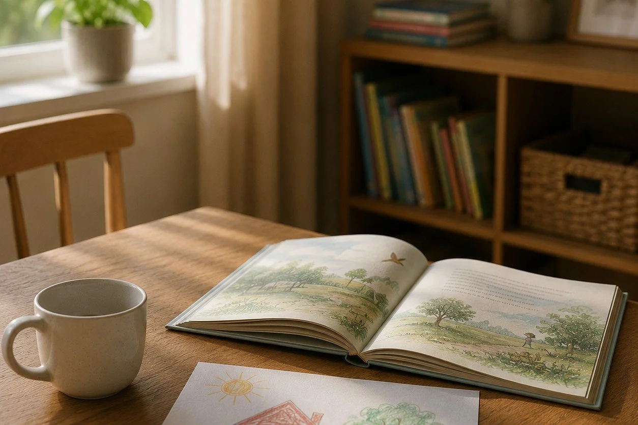 An open illustrated children's storybook rests on a wooden table beside a child's drawing of a house, tree, two figures and sunshine. A cream ceramic mug sits nearby.