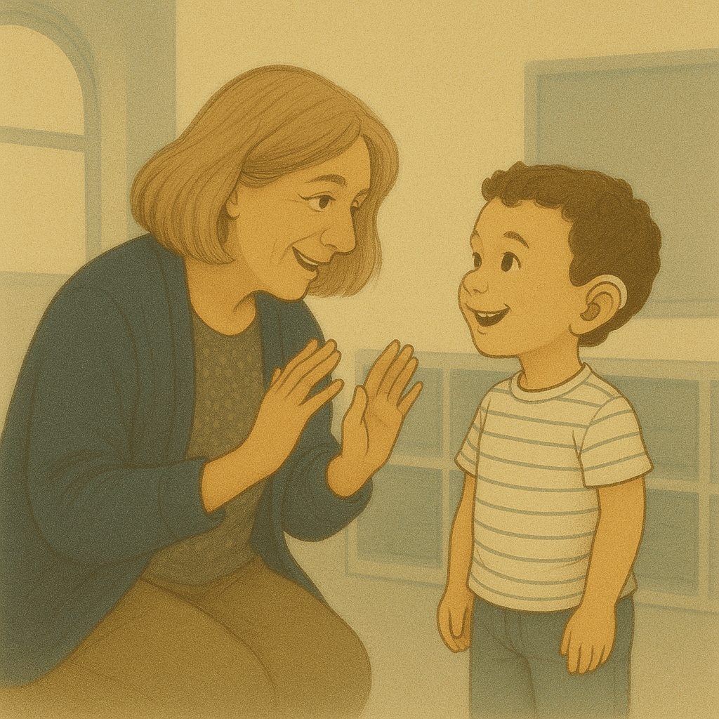 Cartoon-style personal anchor illustration of a Deaf child smiling up at his Teacher of the Deaf in a softly lit classroom. The teacher kneels to his level, hands mid-sign, while he beams with recognition.