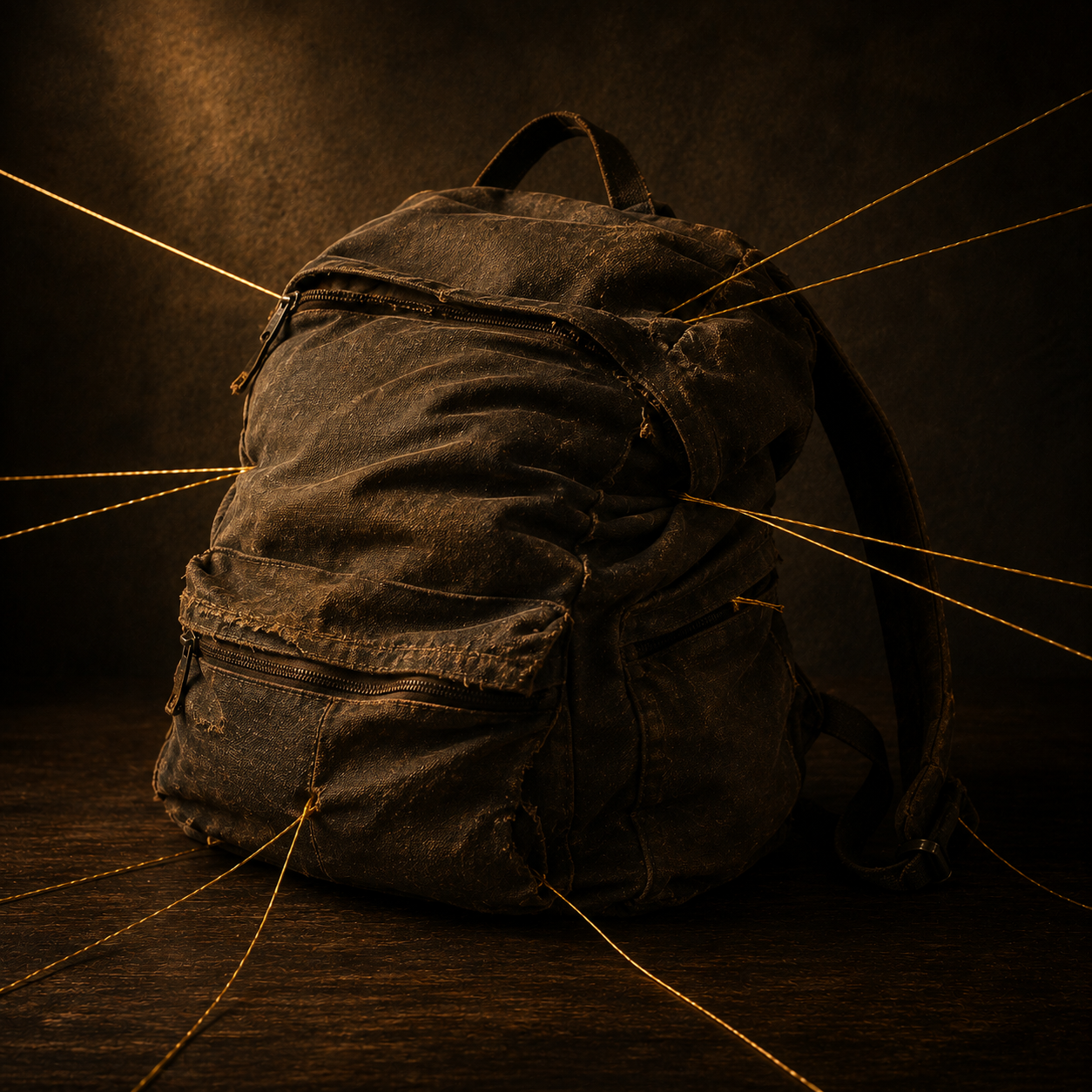 A worn dark backpack sits heavily on the ground, pulled in many directions by taut golden threads stretching beyond the frame, symbolising accumulated burdens, demands and exhaustion.
