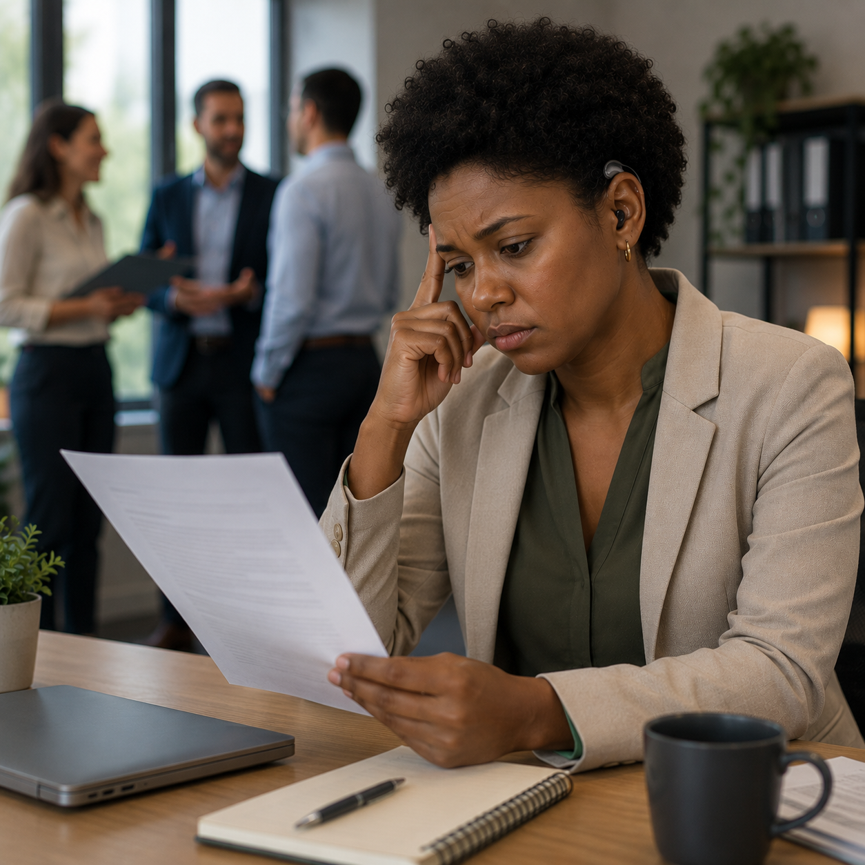 Soft, muted photograph of a Black woman wearing hearing aids sitting at a desk in a modern office. She studies a document with a thoughtful, concerned expression while resting one hand against her face.
