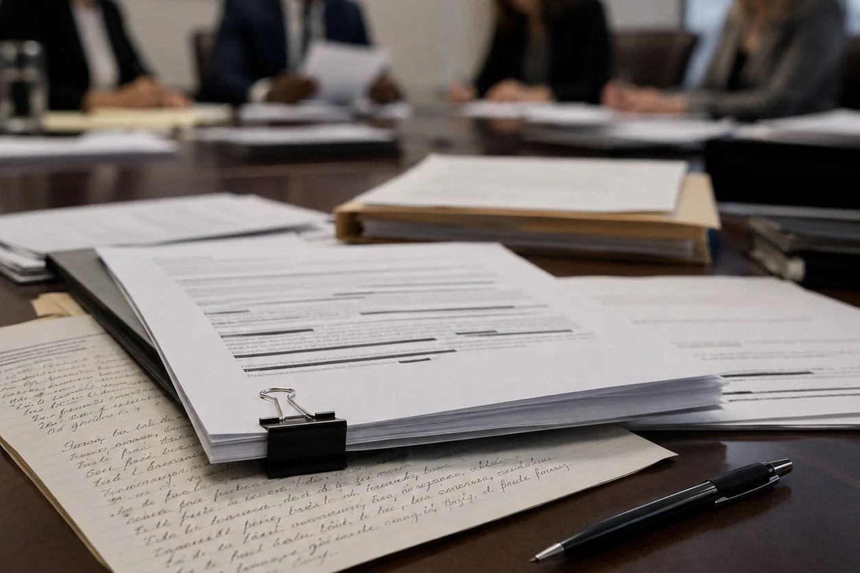 A formal meeting table with handwritten notes partly covered by official typed documents and clipped paperwork. A pen rests nearby, while blurred professionals sit in the background reviewing documents.