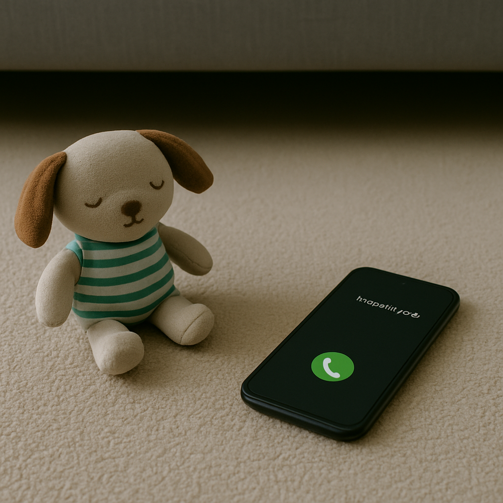 Symbolic photograph: A small stuffed dog sits on a carpeted floor next to a smartphone displaying an incoming call screen. The light is gentle and warm. No people are shown.