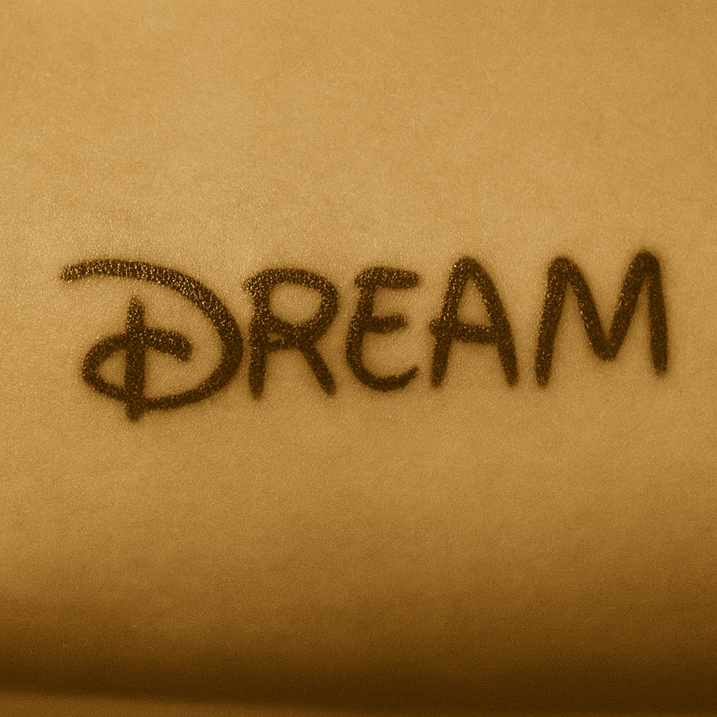 Photograph of a black ink tattoo showing the word “Dream” in cursive script with a crescent moon above it. The image has a warm vintage overlay.
