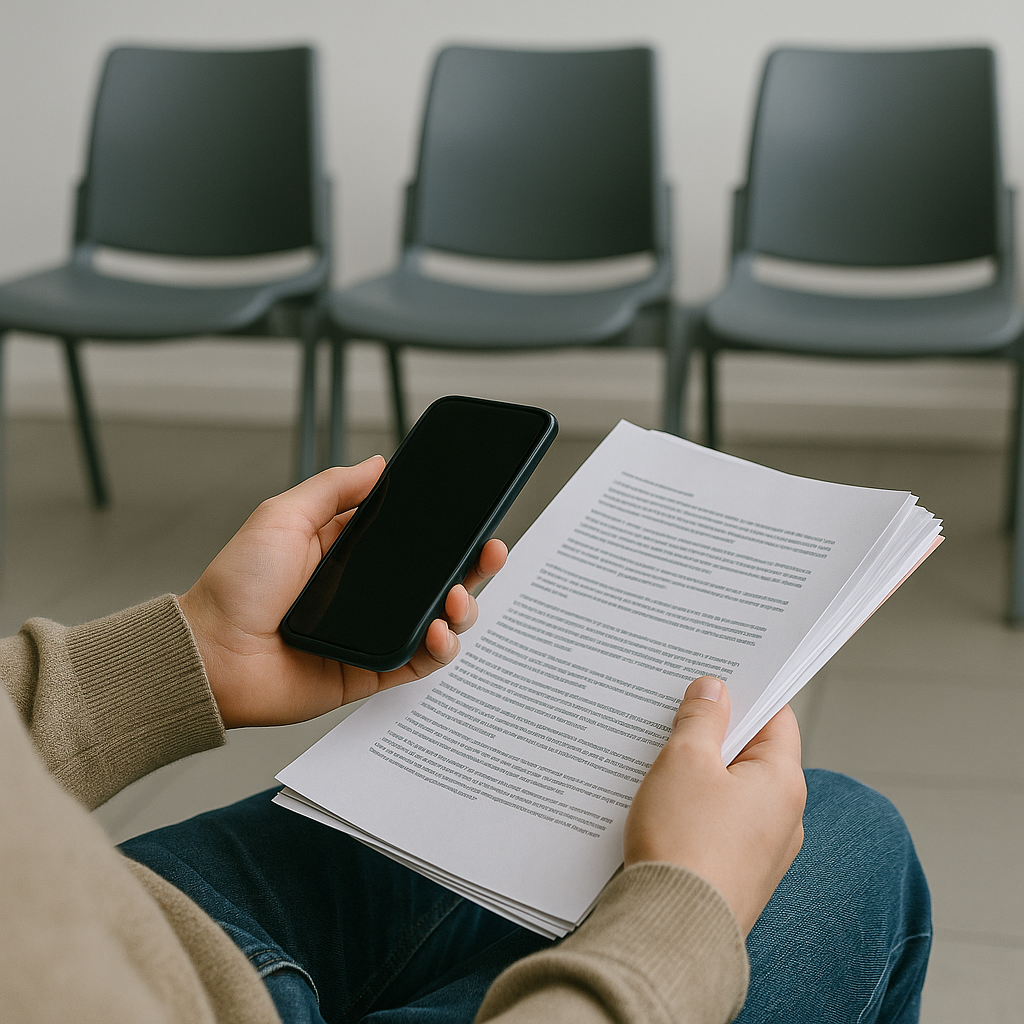 Symbolic photograph: A person’s hands hold a smartphone and a stack of documents while seated in a waiting area. Empty chairs line the background. The light is soft and even.
