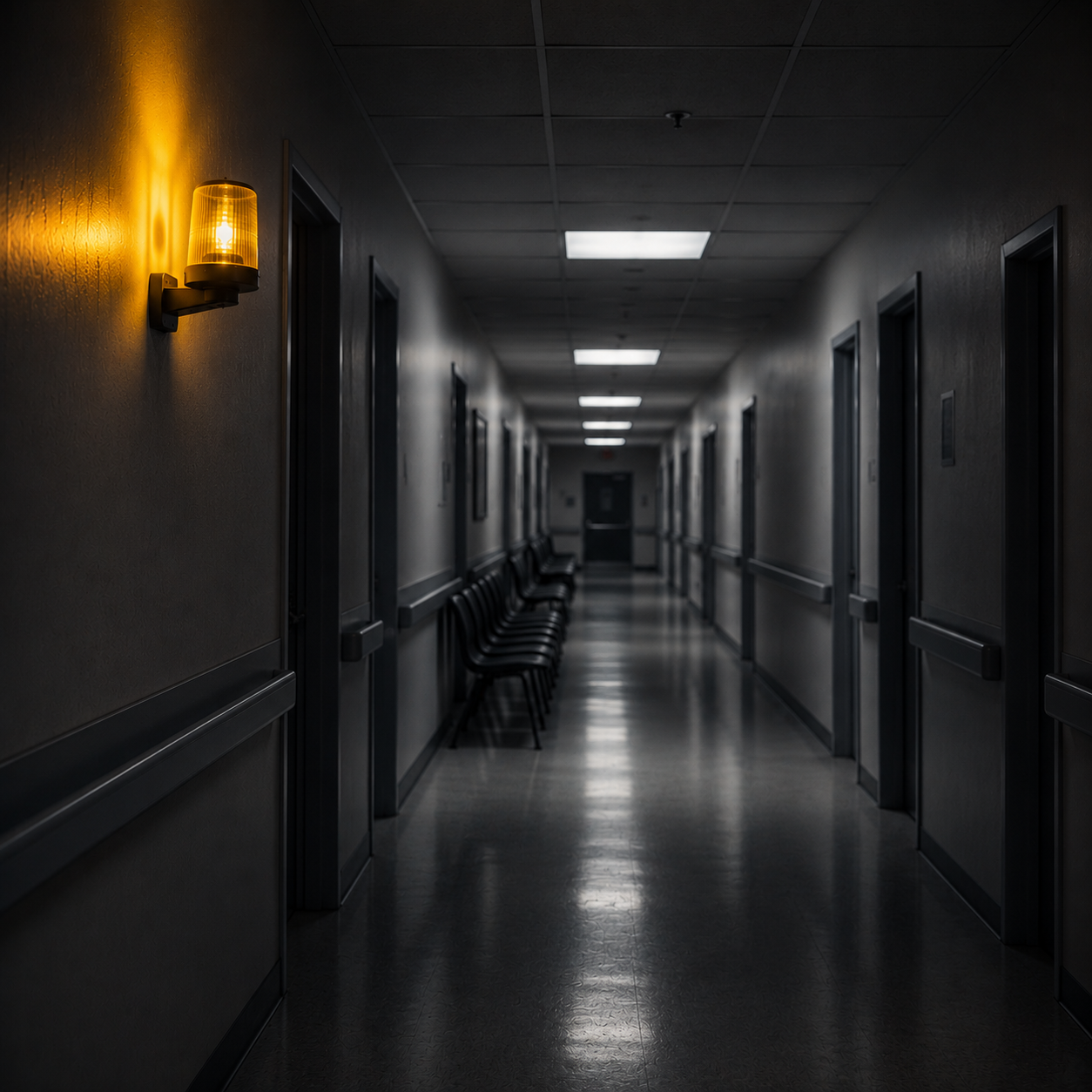 An empty institutional corridor stretches into the distance under fluorescent lighting. A yellow warning light glows on the wall, casting a warm reflection against the otherwise muted space.